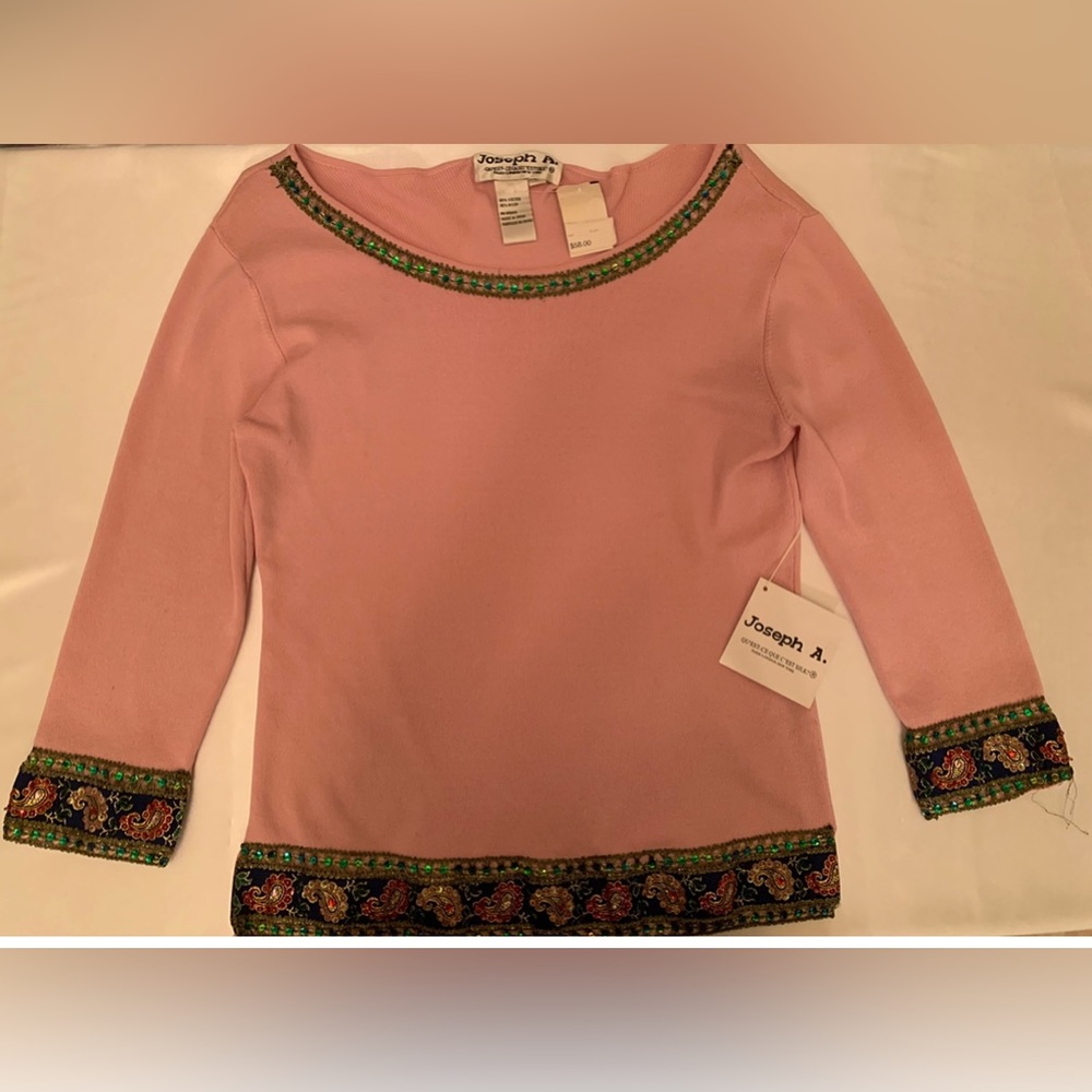 Blouse by Joseph A. Pink Mid Sleeve w/ Gold & Turquoise Trim! Size: Large NWT